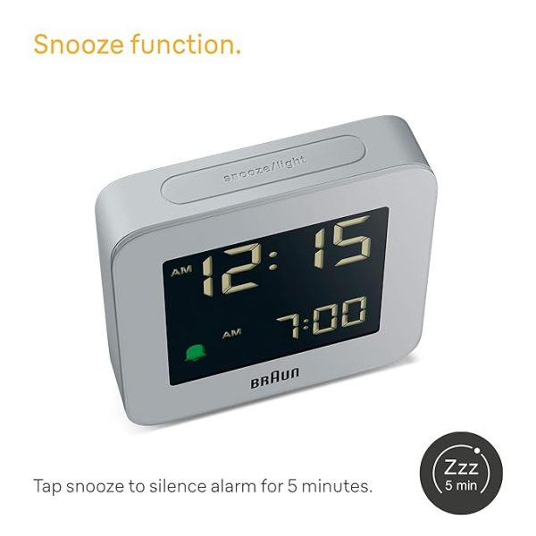 Braun Digital Alarm Clock with Snooze, Negative LCD Display, Quick Set, Crescendo Beep Alarm in Grey, Model BC09G.