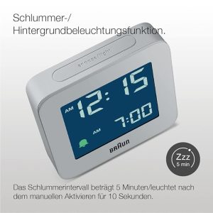 Braun Digital Alarm Clock with Snooze, Negative LCD Display, Quick Set, Crescendo Beep Alarm in Grey, Model BC09G.